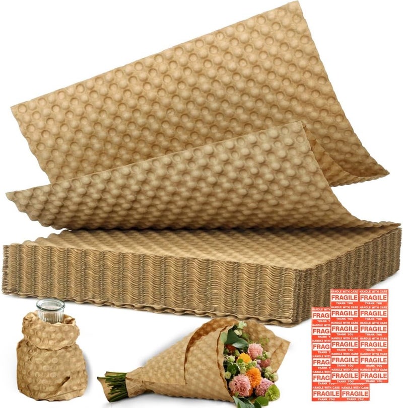 Deamoser أوراق تغليف فقاعات الورق للتعبئة 15" × 12" × 50 قدم تغليف فقاعات للحركة، التعبئة، الشحن، ورق تعبئة قابل لإعادة التدوير للزجاج، الأطباق، تغليف عازل قابل للتحلل مع 24 ملصق هش. - Image 1